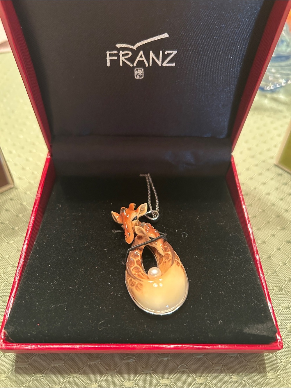 FRANZ Orange Giraffe Pendant Necklace with Pearl Accent